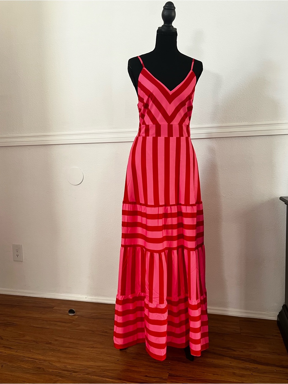 Sleeveless Pink and Red Striped Maxi Dress